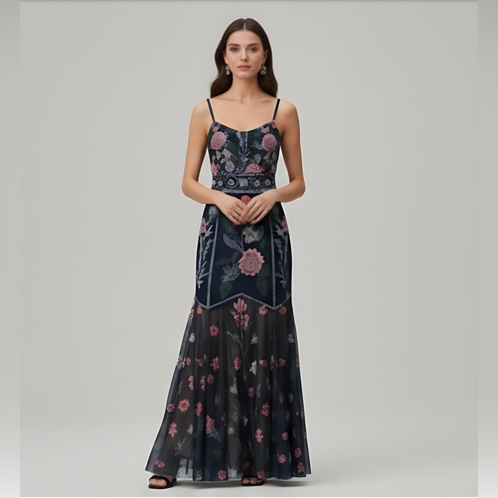 Elegant Floral V-Neck Mermaid Hem Dress Blue